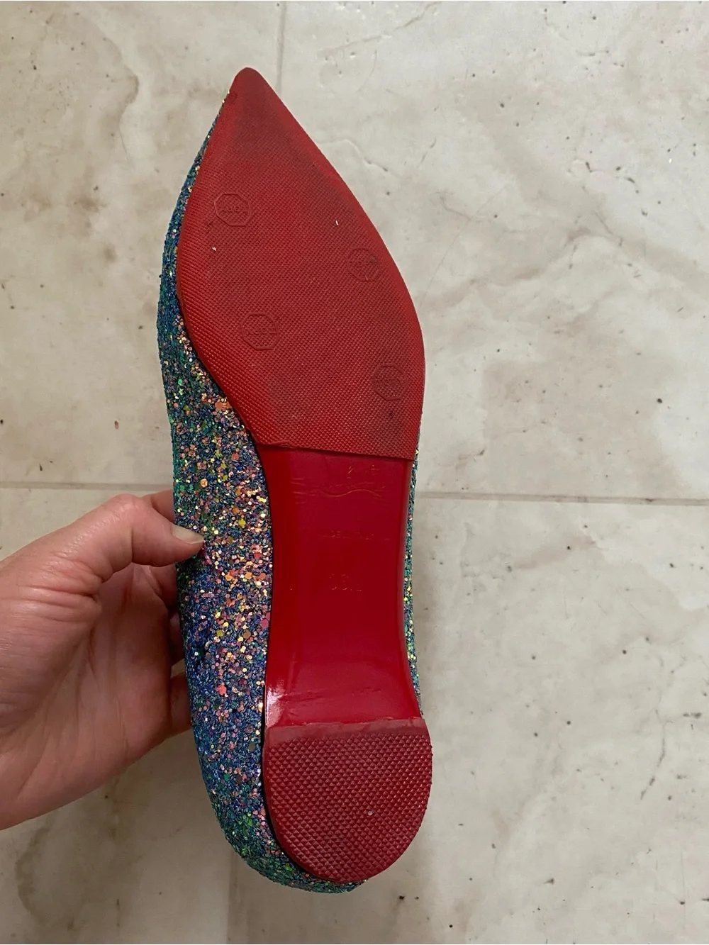Christian Louboutin Kate Multicolor Blue Glitter Pointed Toe Ballet Flats Sz 6.5